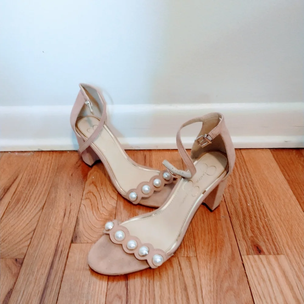 Jessica Simpson chunky heel, Pearl detail and ankle strap. Wear shown size 8